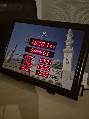 Customer photo review of Muslim Islamic Islam Stylish Azan Adhan Prayer Reminder Alarm Mosque Wall Clock Athan Prayer Time Hijri Digital LED
