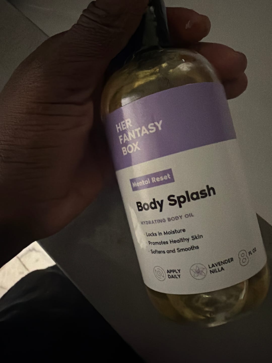 Customer photo review of Body Splash - Skin Smoothing Body Oil (Mental Reset – Lavender & Vanilla CALMING SPA SCENT)