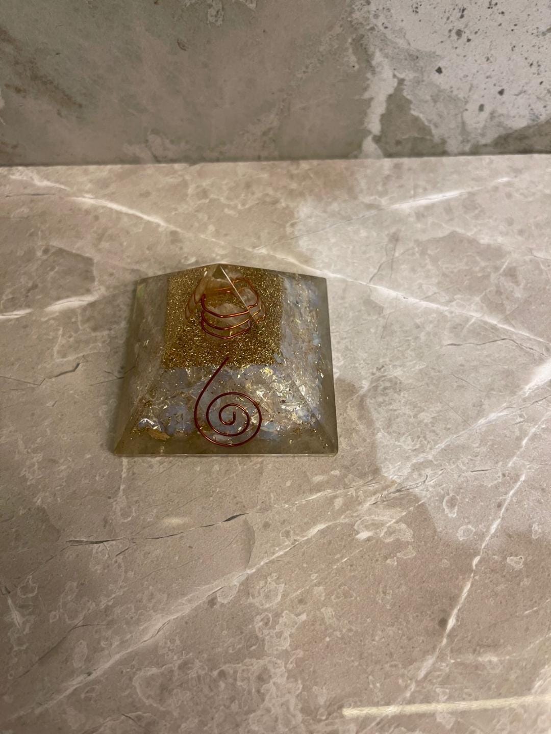 Customer photo review of Natural Selenite Orgone Pyramid For Energy Cleansing | Real Selenite / White Agate Orgonite Pyramid By Vastu Mandir