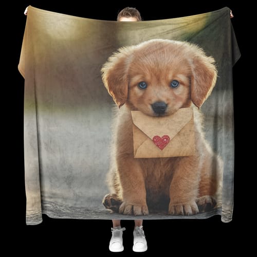 Customer photo review of Puppy Sitting with Valentine Envelope in Mouth Sherpa Fleece Throw Blanket Cute Cozy Design Loving Valentines Day Gift