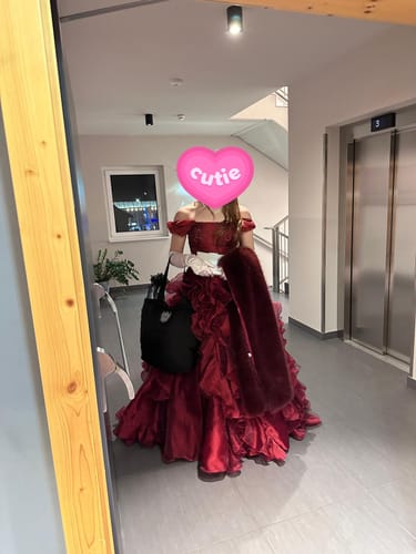Customer photo review of Burgundy Strapless Layered Ruffle Dress with Floral Appliqué – Floral Evening Dress with Corset Back Plus Size