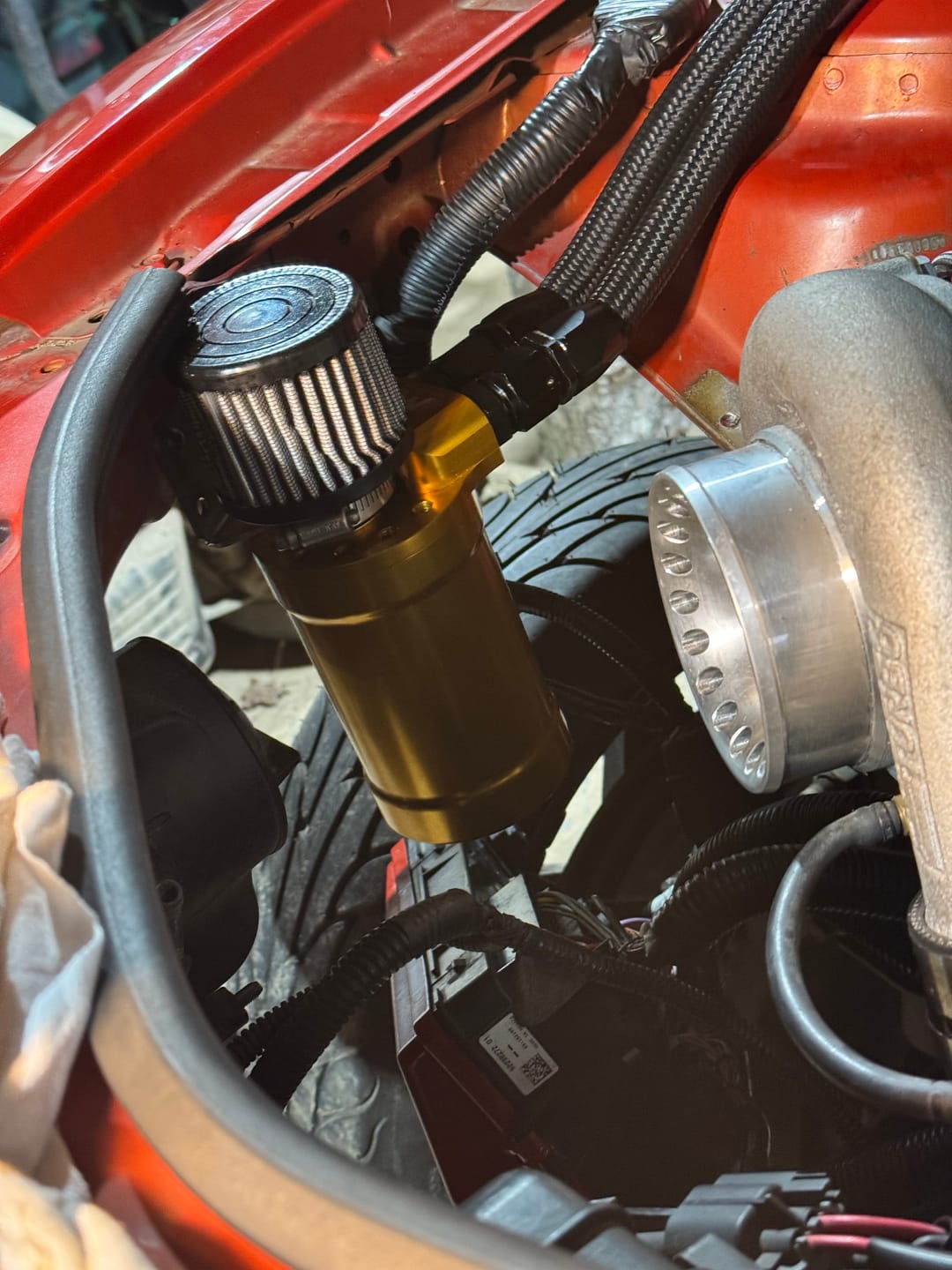 Customer photo review of Motion Raceworks Top Loader Billet Oil Catch Can Gold Anodized ( Dual 10 AN Port )