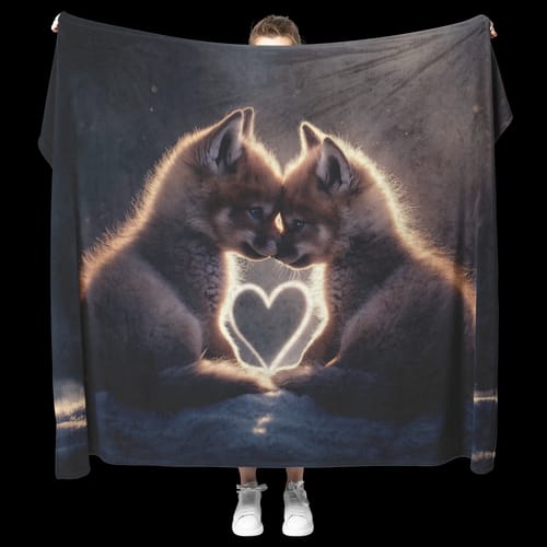 Customer photo review of Two Baby Wolves Sitting Side by Side Tails Forming Heart Fluffy Fur Blue Eyes Soft Glow Sherpa Fleece Blanket
