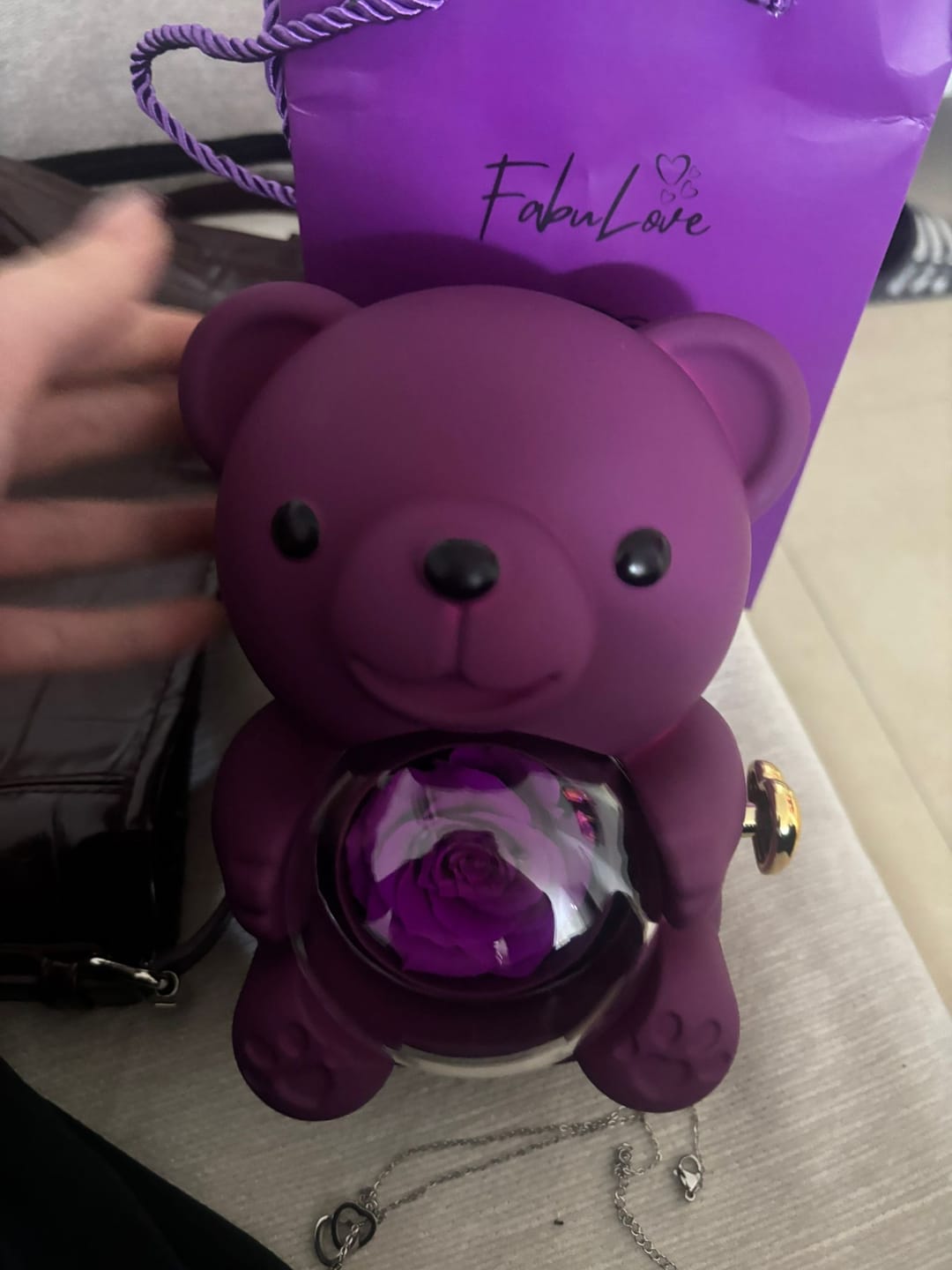 Customer photo review of Eternal Rose Bear - W/ Engraved Necklace