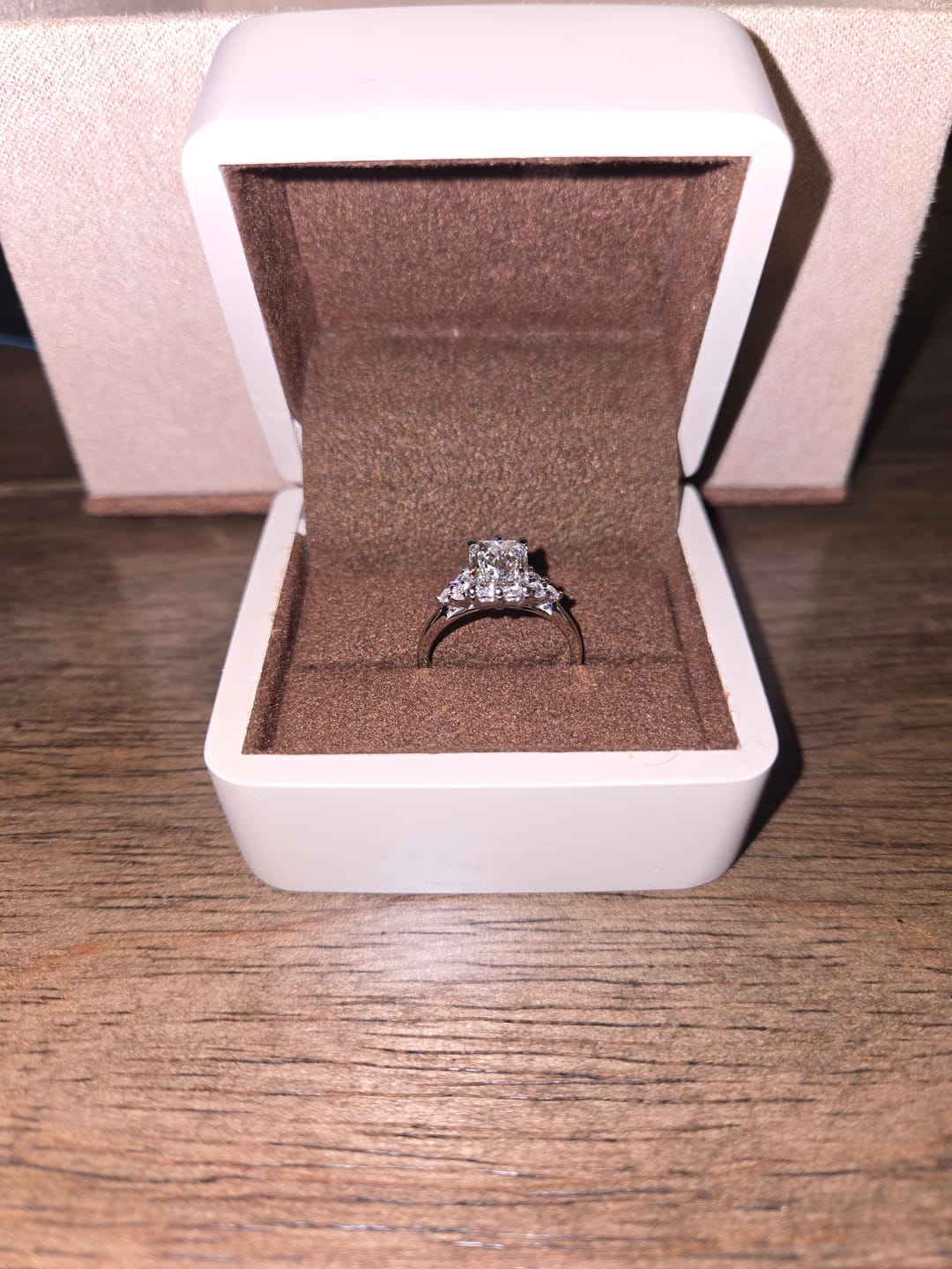 Customer photo review of 2 Carat Radiant Cut Lab Grown Diamond Vintage Ring in Platinum with 2 mm band (2-extra prongs)