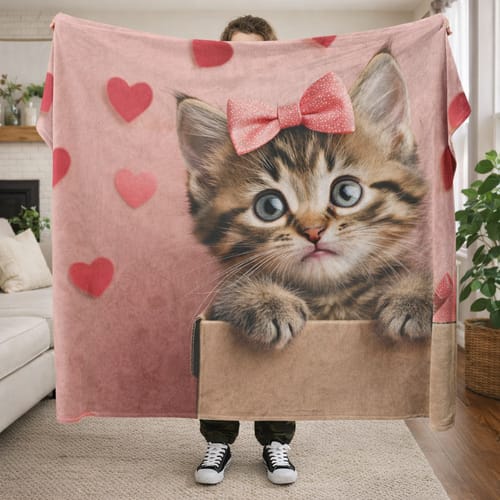 Customer photo review of Kitten Inside Valentine Gift Box Bow on Head Surrounded by Heart Confetti Blue Eyes Sherpa Fleece Blanket