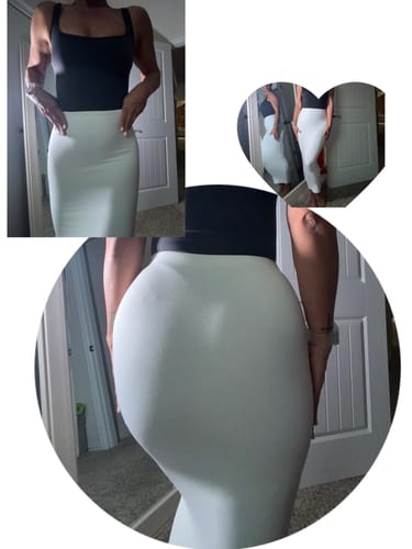 Reviewer's collage showing the fit of the white NW Midi Skirt from the front and back.