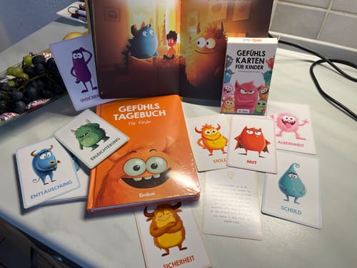 Ein Kunde zeigt das Edubini Gefühlstagebuch und die bunten Gefühlskarten auf einem Tisch ausgelegt.
