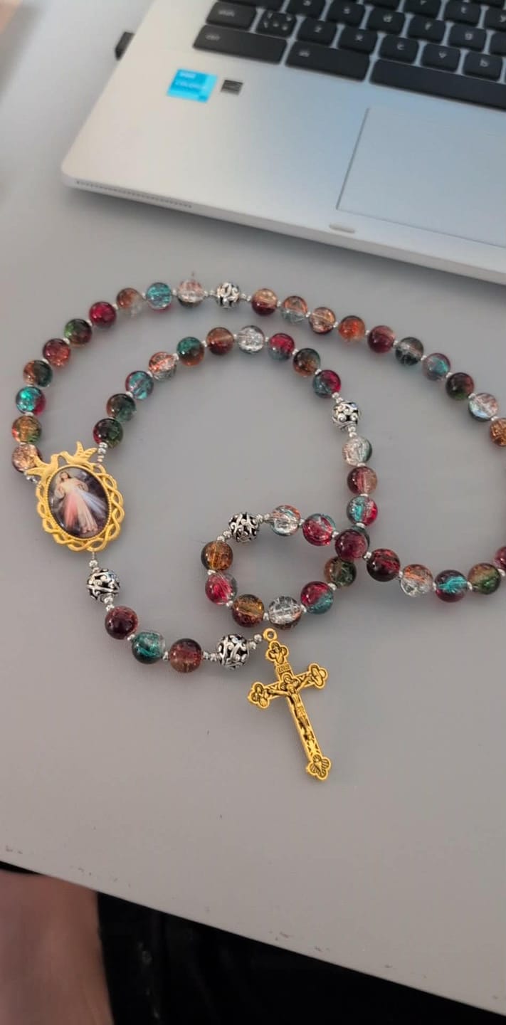 Customer photo review of FREE Today: Gradient Multicolor Glass Bead & Brass Crucifix Rosary with Divine Mercy Medal