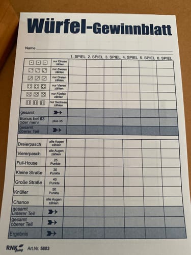 Customer photo review of Block für Würfelspiel - 50 Blatt, DIN A6, 50 Blatt, Qualitäts-Offset-Papier 80g/m² (22640)