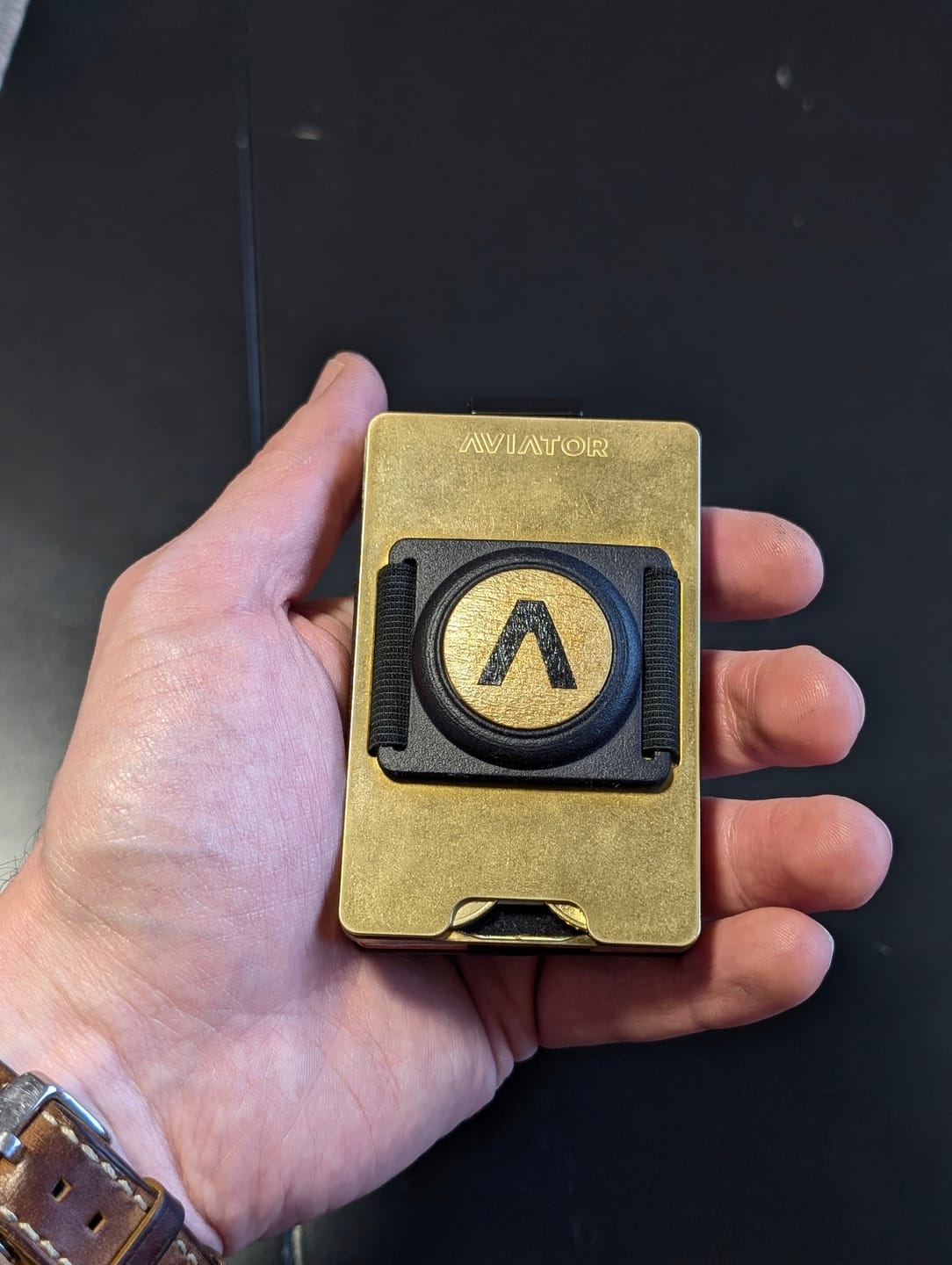 Customer photo review of Stonewashed Brass | Slide Wallet + Brass Cash Clip