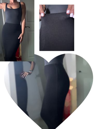 Customer's collage showing the fit of the black NW Midi Skirt and a close-up of the soft fabric.