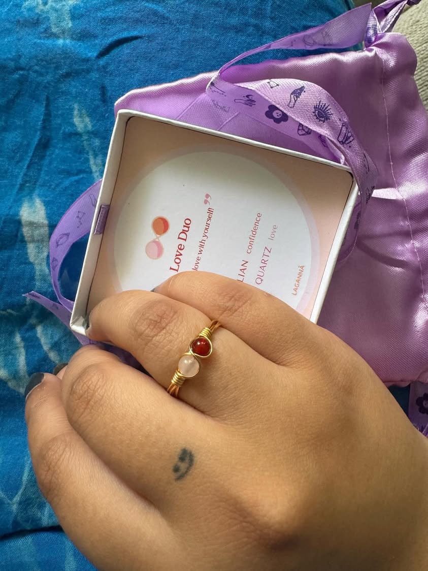 Customer photo review of Love Duo Ring | Rose Quartz & Carnelian