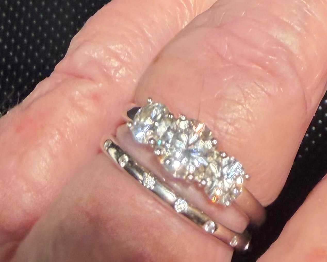 Customer photo review of Flush Set Moissanite Evenly Spaced Eternity Wedding Band
