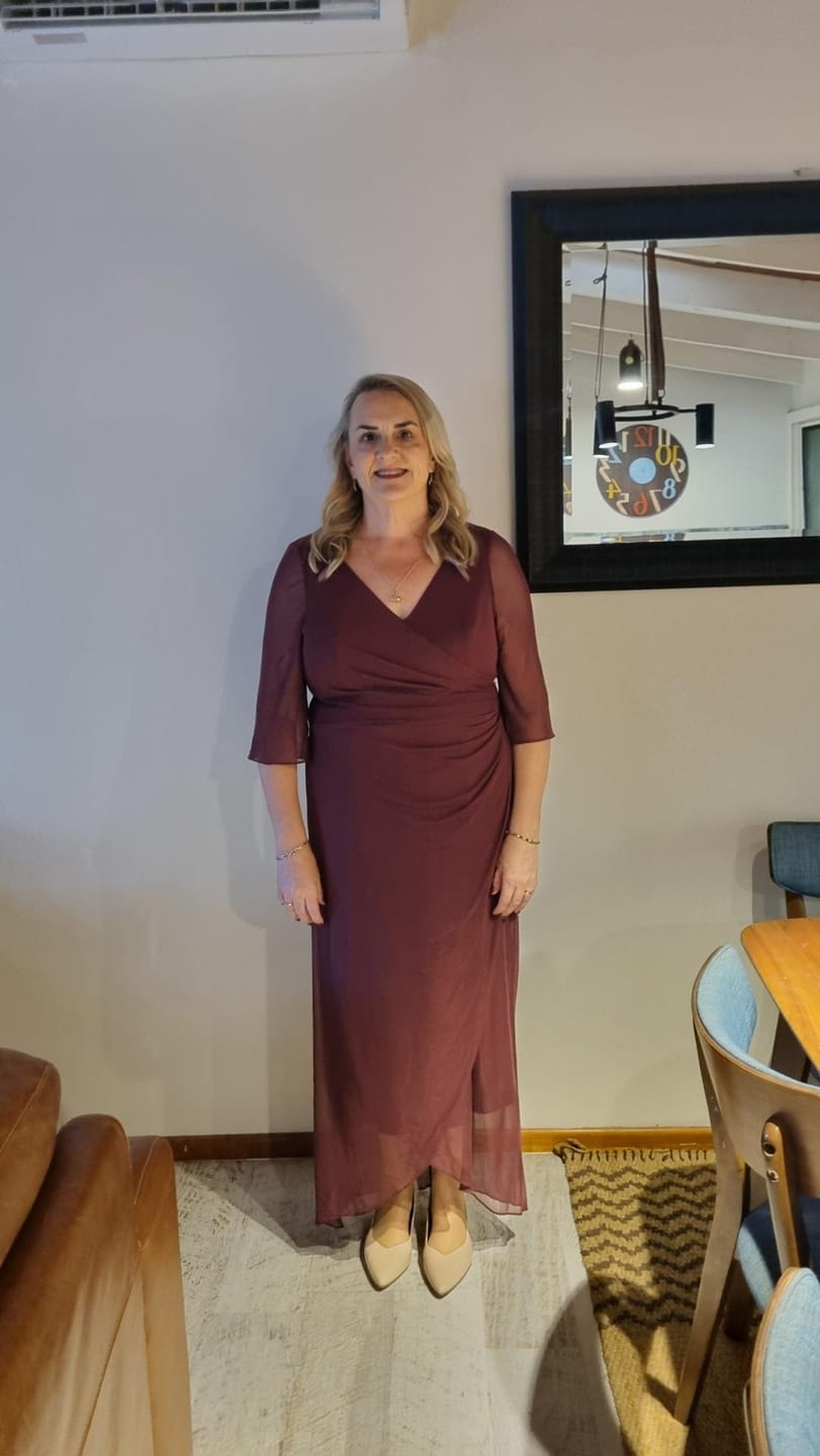 Customer photo review of Yancy Burgundy Evening Dress