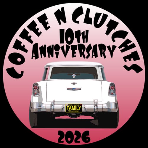 Customer's custom vinyl sticker design for a 'Coffee N Clutches 10th Anniversary' event, featuring a classic car.