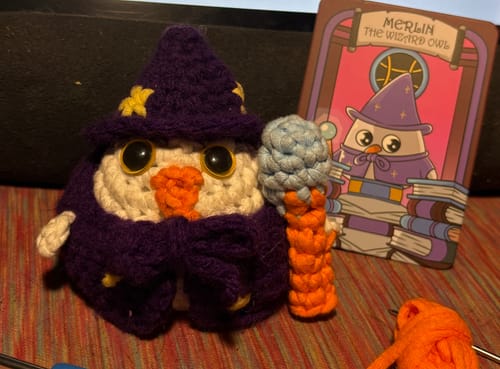 Customer photo review of Merlin the Wizard Owl Crochet Kit