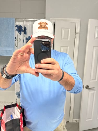 Customer photo review of Custom Leather Patch Trucker Hat - Richardson 355