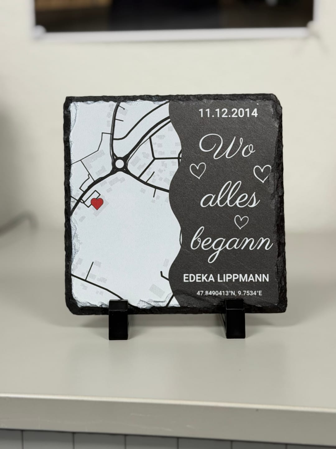 Customer photo review of Wo alles begann - Personalisierte Schieferplatte (15x15)