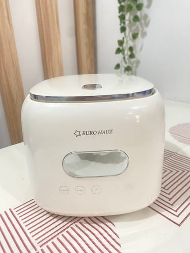 Customer's off-white Eurohauz Healthy Rice Cooker sitting on a table with the lid closed.