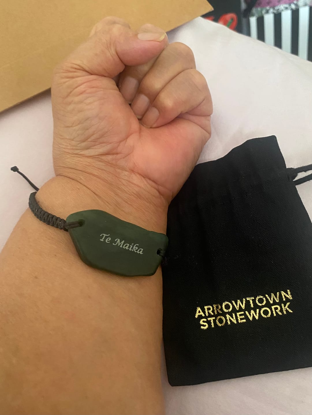 Customer photo review of Engraved Greenstone Bracelet