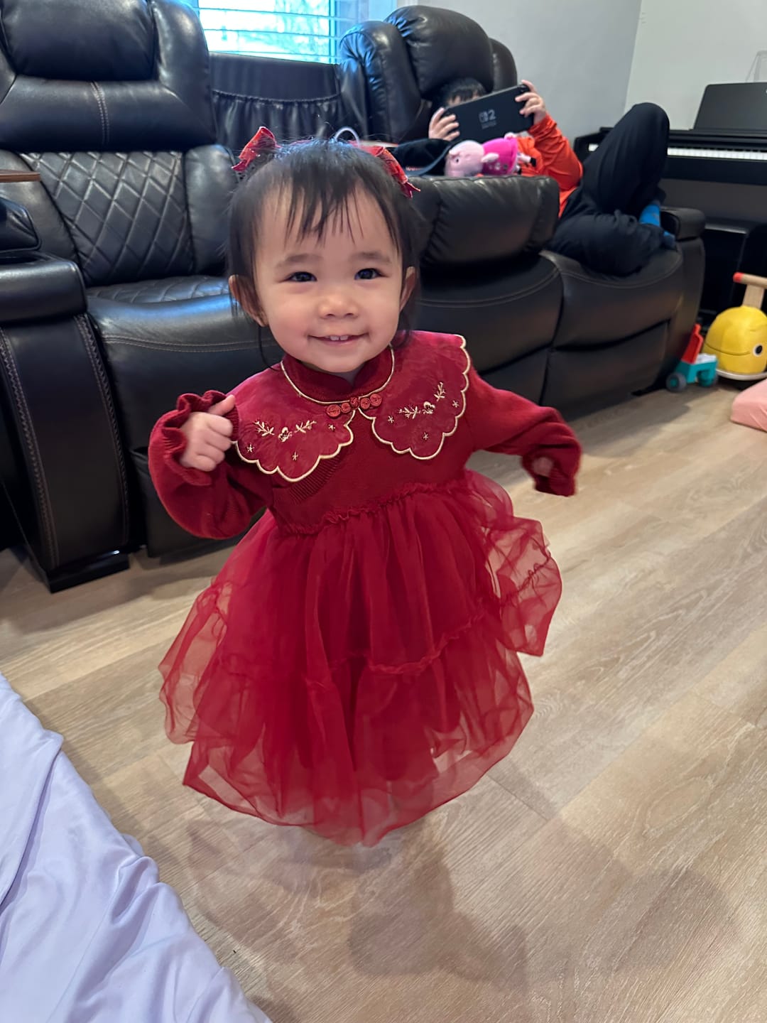 Customer photo review of Dave&Bella Toddler Girls Cozy Chinese-style Dark Red Mesh Princess Sweater Dresses