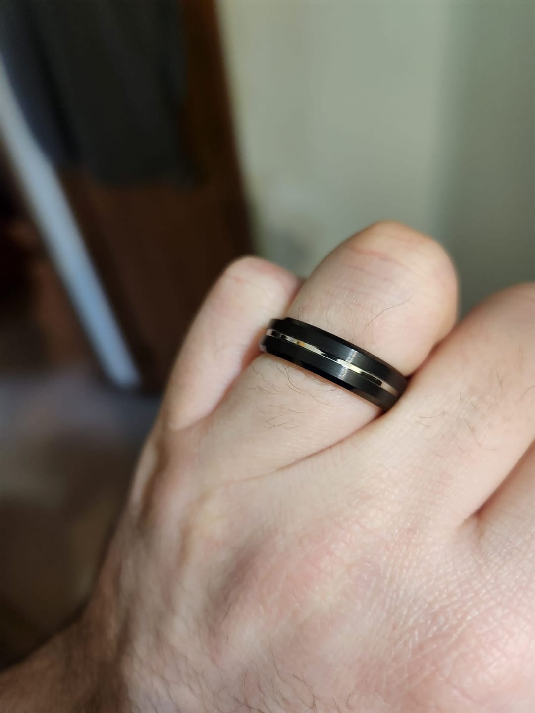 Customer photo review of SAGAN | Black Tungsten Ring, Silver Shiny Groove, Beveled