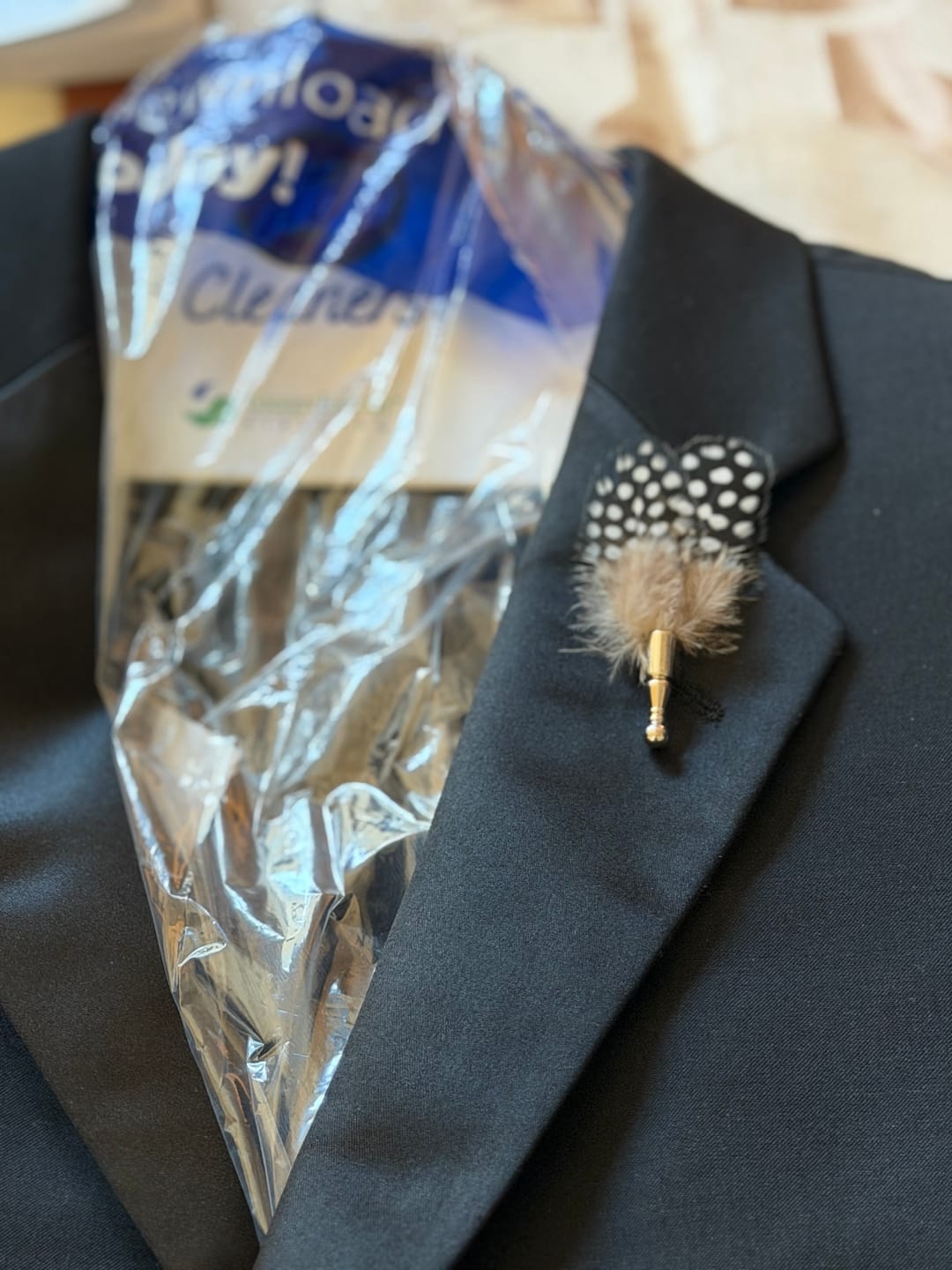 Customer photo review of Black & White Polka Dot Feather Bow Tie with Lapel Pin