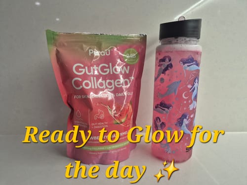 Customer's pouch of GutGlow Collagen shown next to a bottle with the prepared pink drink.