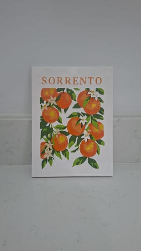 Reviewer's completed 'Sorrento' mini painting from the kit, showing colorful oranges and blossoms on a white canvas.