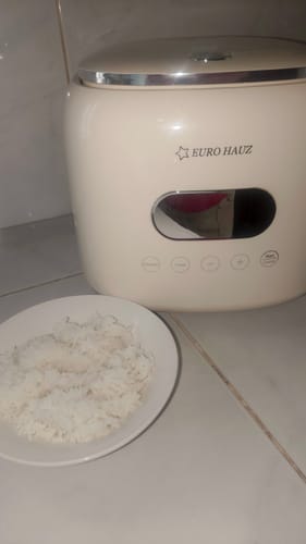 Reviewer's cream-colored Eurohauz Healthy Rice Cooker with a plate of cooked rice on a tiled surface.