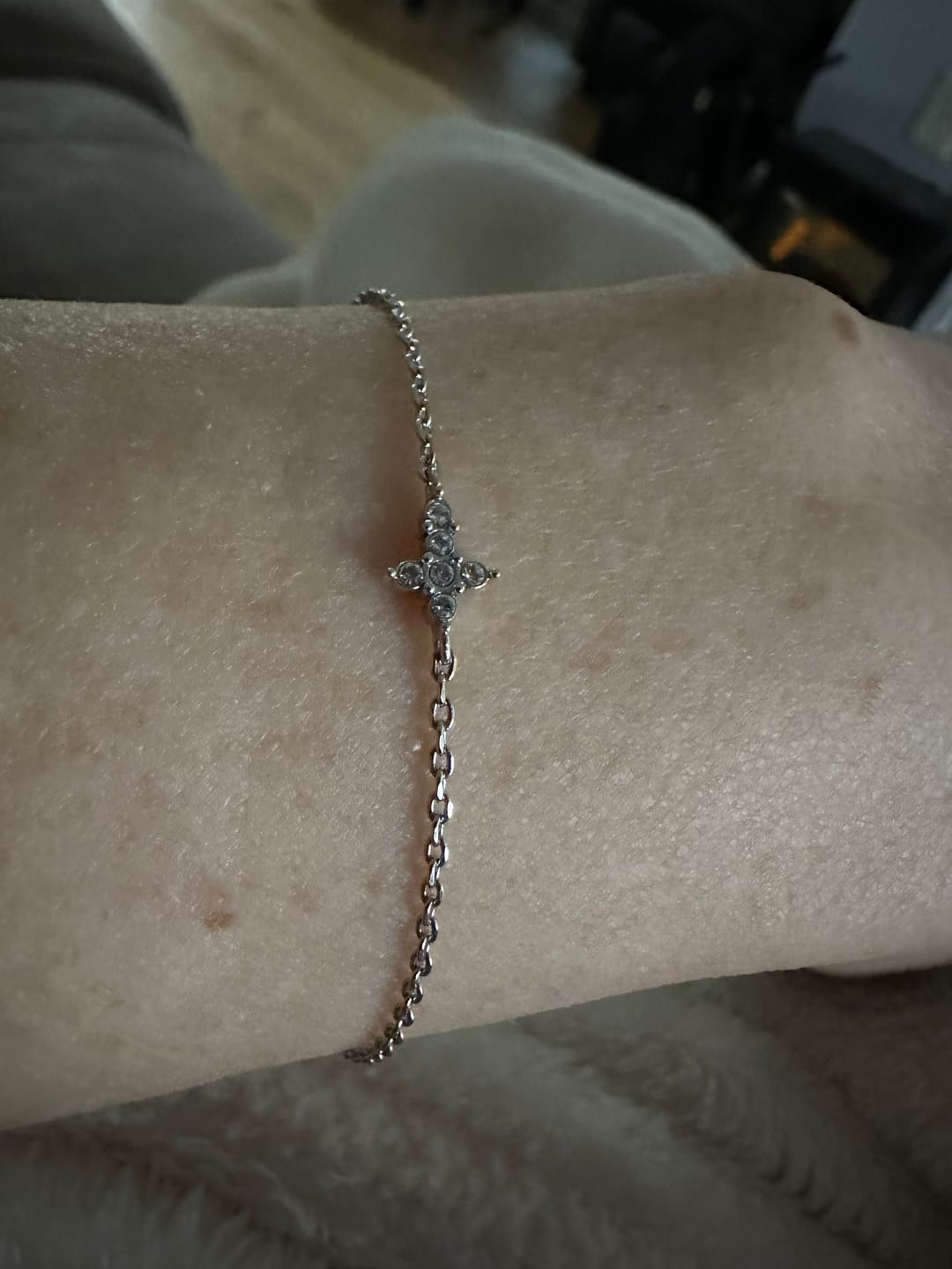 Customer photo review of Zuri 18k White Gold Plated Silver Cross Bracelet with Swarovski Crystals