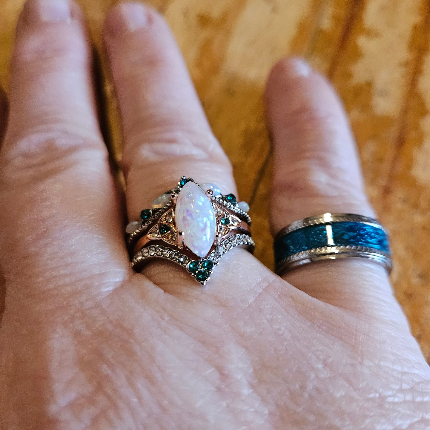 Customer photo review of FREE Today: Marquise Opal and Emerald Three-Piece Ring Set