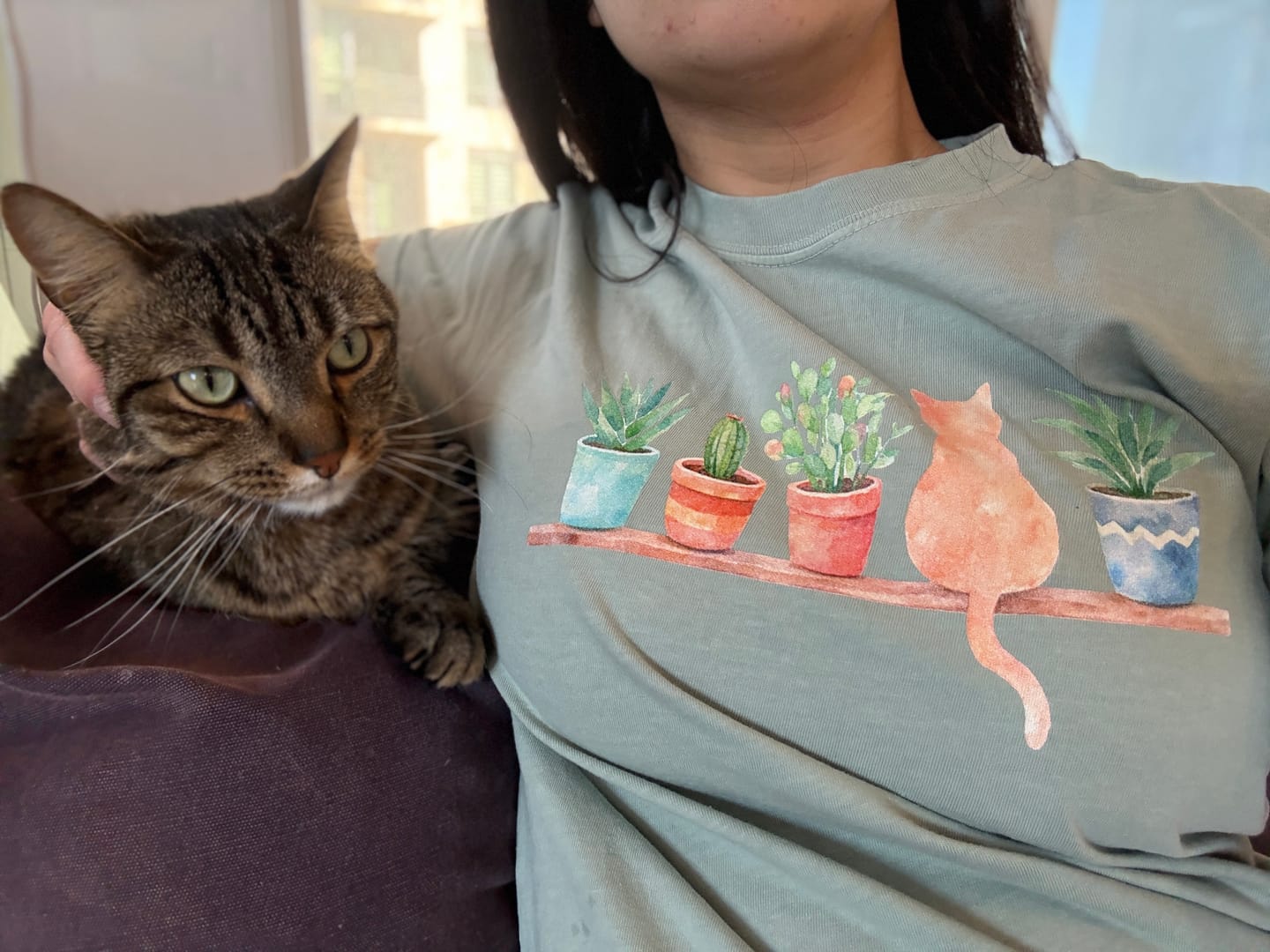 Customer photo review of Watercolor Plants & Cat T-Shirt | Cat Lover Plant Gift