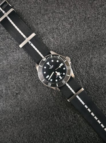 Customer photo review of Black Nylon Watch Strap with White Stripe