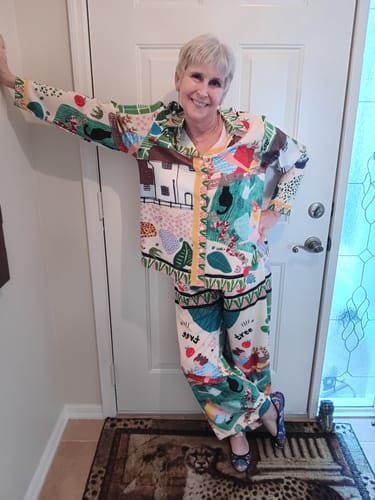 Customer photo review of Casual Multicolor Peter Pan Collar Print Shirts And Wide Leg Pants Two Pieces Set Fall