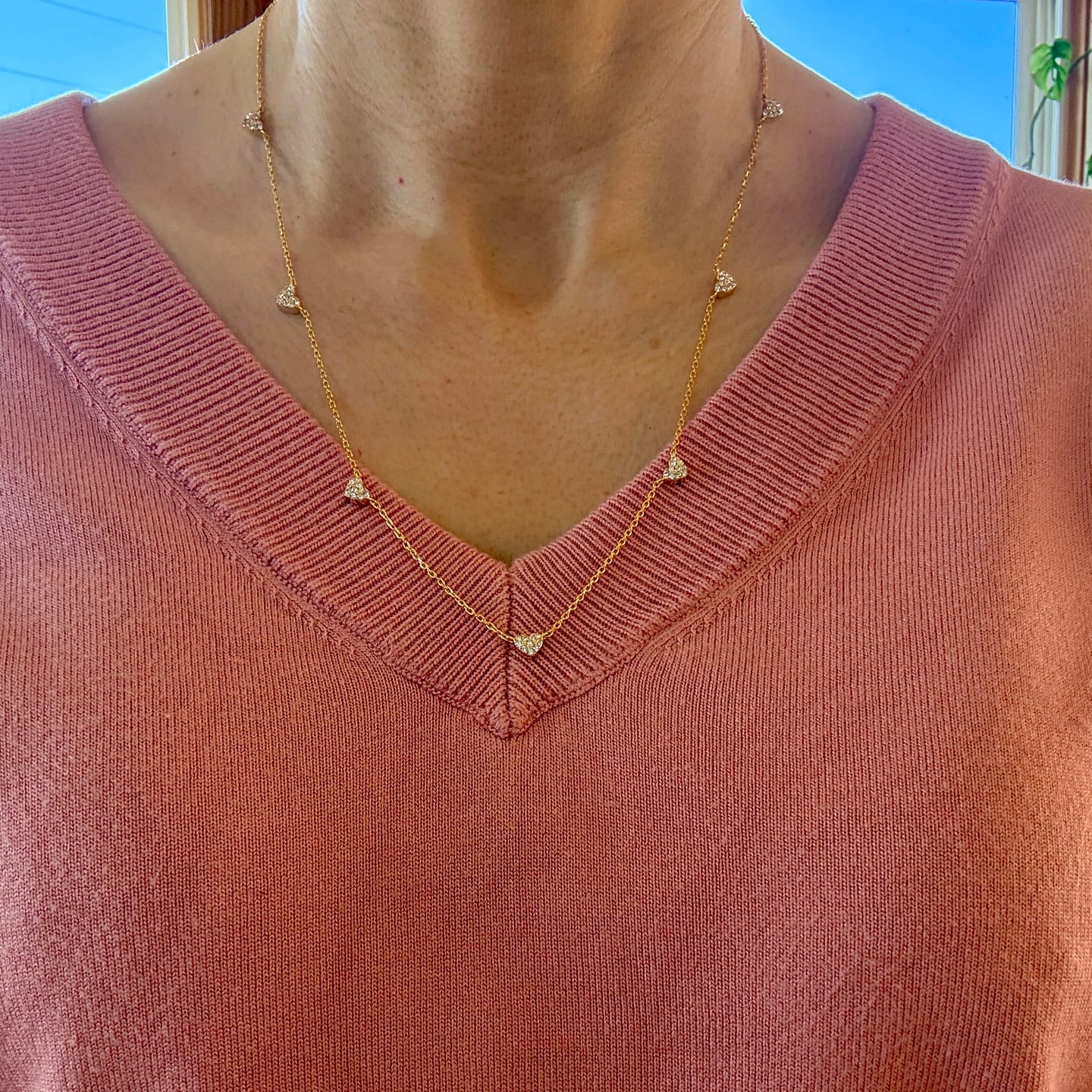 Customer photo review of Irene 18k White Gold Plated Heart Station Necklace with Swarovski Crystals