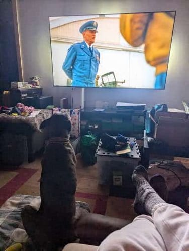 Customer wearing the patterned Performance Eucalyptus Compression Socks while relaxing with their feet up.