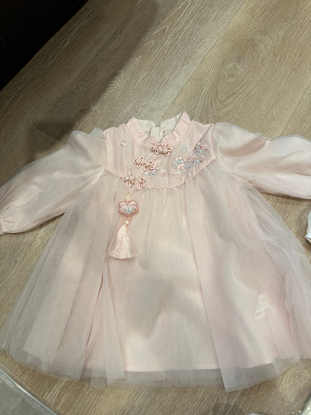 Customer photo review of Dave&Bella Girls Adorable Chinese Style Pink Turtle Flower Embroidery Mesh A-lined Dress