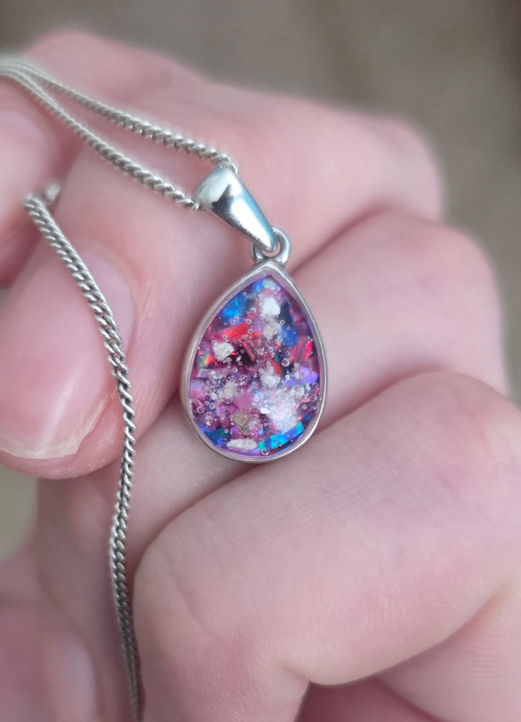 Customer photo review of Petite Pear Drop with Cremation Ashes