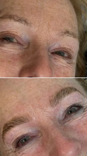 Customer's before-and-after eyebrows treated with the Hybrid Stain and Eyebrow Lamination, showing a fuller and shaped result.