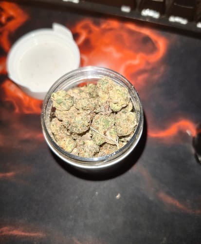 Customer's overhead view of an open jar showing dense CALI MIX AAA+ buds.