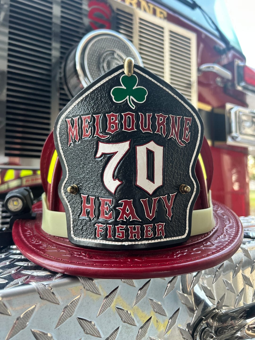 Customer photo review of Classic Leather Firefighter Helmet Shield