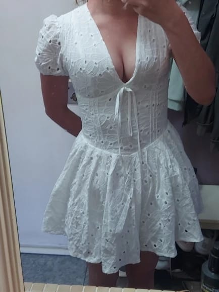 Customer photo review of Shayne Puff Sleeve Embroidered Mini Dress