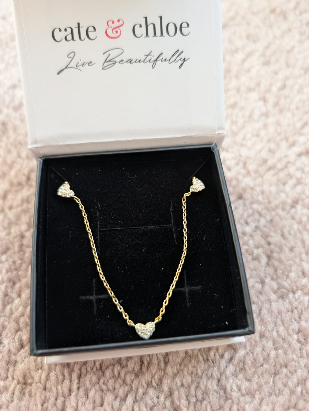 Customer photo review of Irene 18k White Gold Plated Heart Station Necklace with Swarovski Crystals