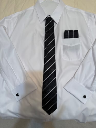 Customer photo review of Ties2you Silk Black Necktie White Striped Business Tie Pocket Square Cufflinks Set