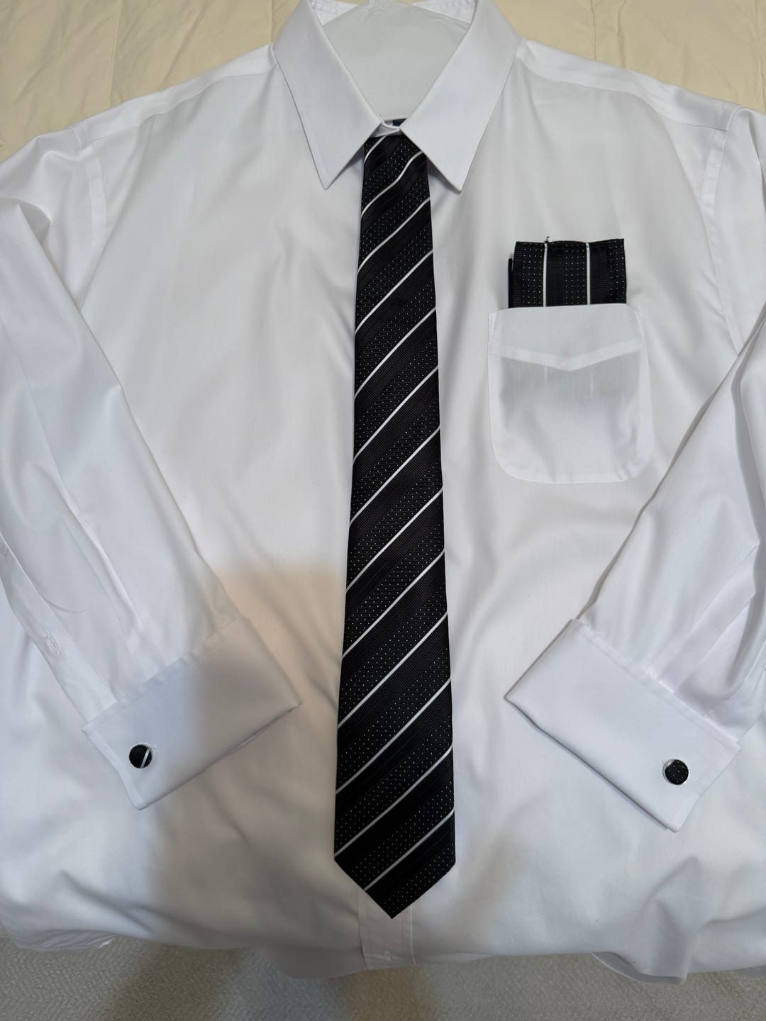 Customer photo review of Ties2you Silk Black Necktie White Striped Business Tie Pocket Square Cufflinks Set