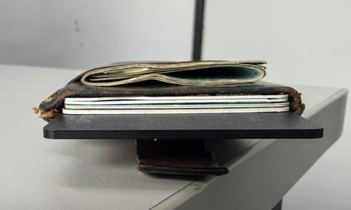 Customer's wallet from the side, showing the thin SPOTMINDERS Tracking Card with other cards and cash.