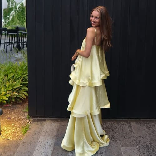 Customer photo review of Soft and Smooth Satin Tiered Slip Square Neck A-line Maxi Dress