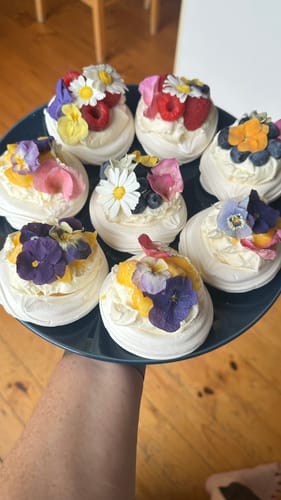 Customer holding a plate of small pavlovas decorated with WHITE DAISIES edible flowers, other colorful flowers, and fruit.
